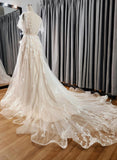 Vintage Blush A-line Wedding Dress With Flutter Sleeve Lace Appliques OKU79