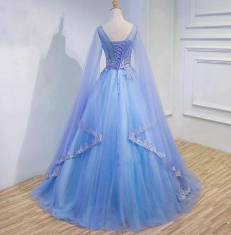Medieval Long Sleeve Blue Appliques Ball Gown Prom Dresses Quinceanera Dresses OKU98