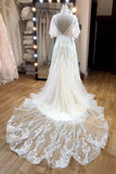 Vintage Blush A-line Wedding Dress With Flutter Sleeve Lace Appliques OKU79