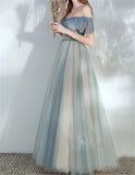 Off Shoulder Dusty Blue Prom Dress Lace Up Tulle A-line Evening Dress Senior Prom Dress OKV90
