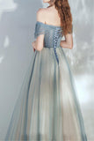 Off Shoulder Dusty Blue Prom Dress Lace Up Tulle A-line Evening Dress Senior Prom Dress OKV90