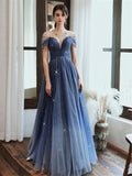 Starry Blue Off Shoulder Floral Event Dress Sparkling Long Prom Dress Aline Event Dress Gradient Long Dress OKV91