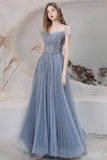 Blue A-line Tulle Prom Dress for Women Long Evening Dress Graduation Dress OKV89