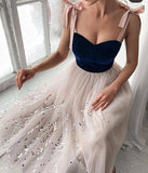 Tulle Princess Simple Sequins Prom Dress A-line Long Formal Evening Dress OKW3
