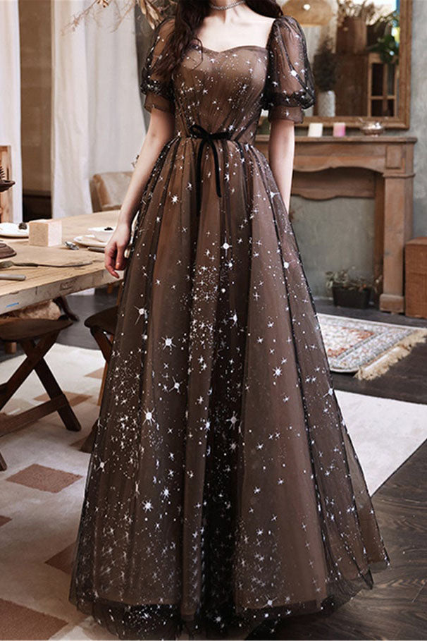 Black And Brown A-line Prom Dress. Short Sleeves Evening Dress Sequin Princess Dress OKW8