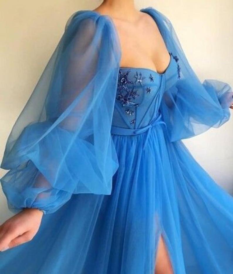 Long Lantern Sleeve Tulle A-line Sky Blue Prom Dress With Slit OKV82