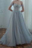 Off the Shoulder A-line Tulle Prom Dress For Women Long Party Dress OKW10