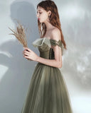 A Line Off the Shoulder Tulle Floor Length Prom Dress Green Elegant Fairy Dress OK1390