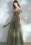 A Line Off the Shoulder Tulle Floor Length Prom Dress Green Elegant Fairy Dress OK1390