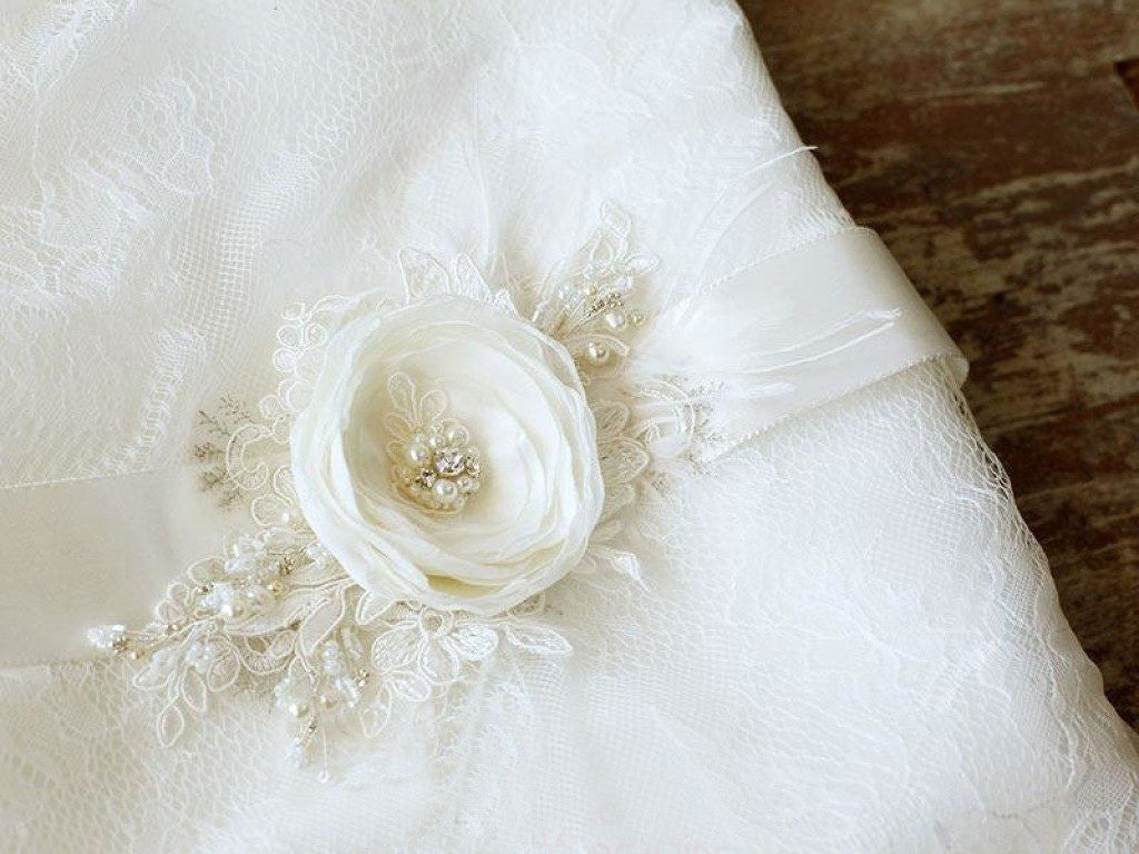 Ivory Floral Bridal Belt Applique Lace Applique Sashed Beaded Pearls BS11