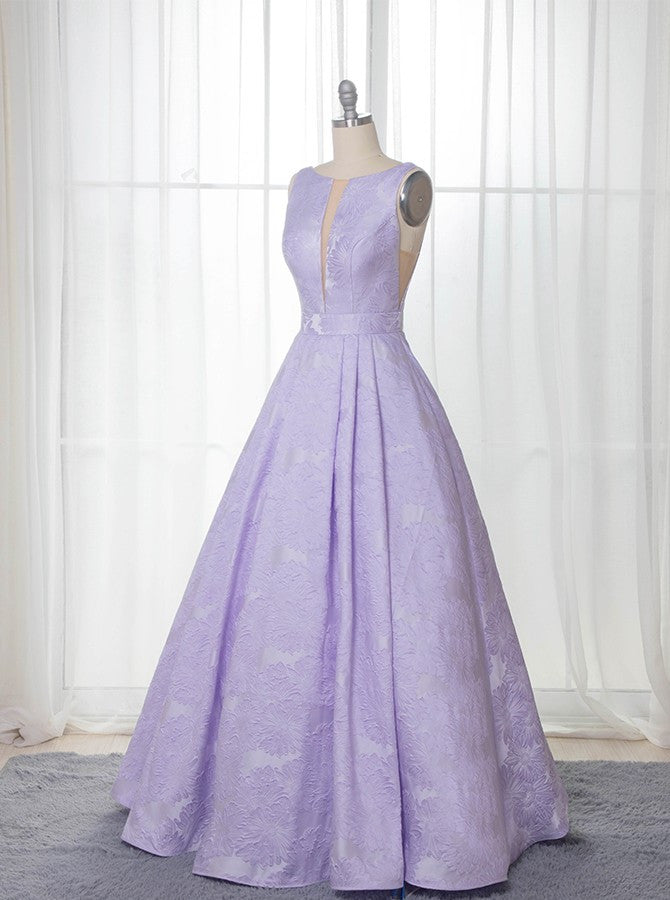 A-Line Floor-Length Lilac Printed Prom Dresses, Simple Long Evening Dresses OKJ12