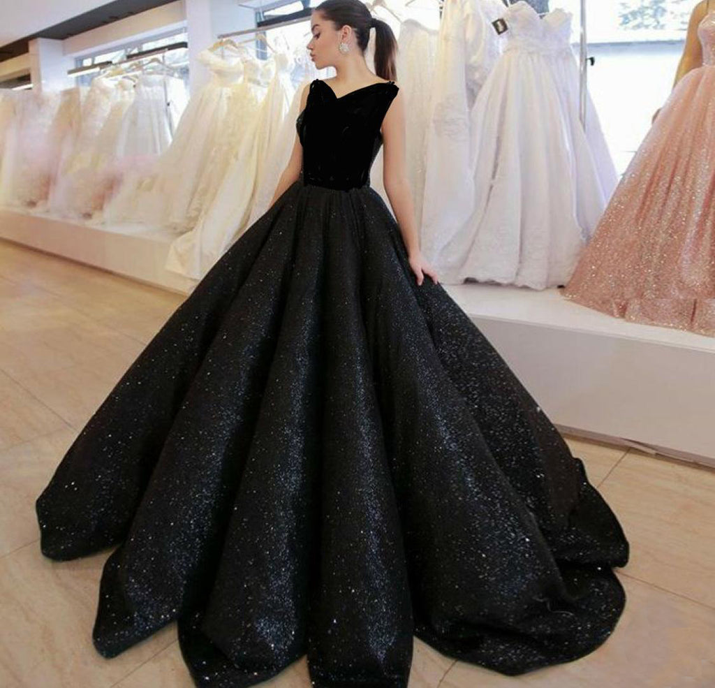 Black V Neck Sequined Ball Gown Prom Dresses, Big Formal Dresses OKI83