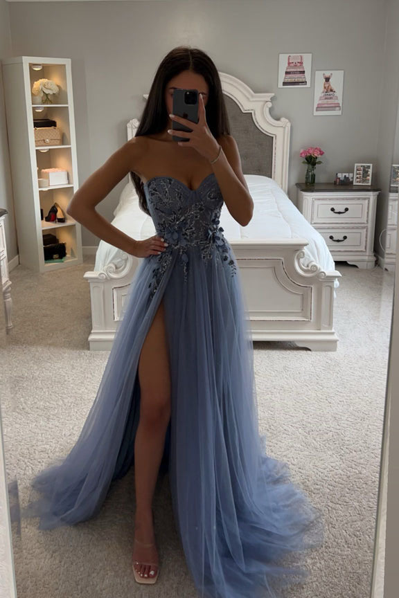 A Line Tulle Strapless Blue Prom Dress With Slit Formal Evening Dress OK1551