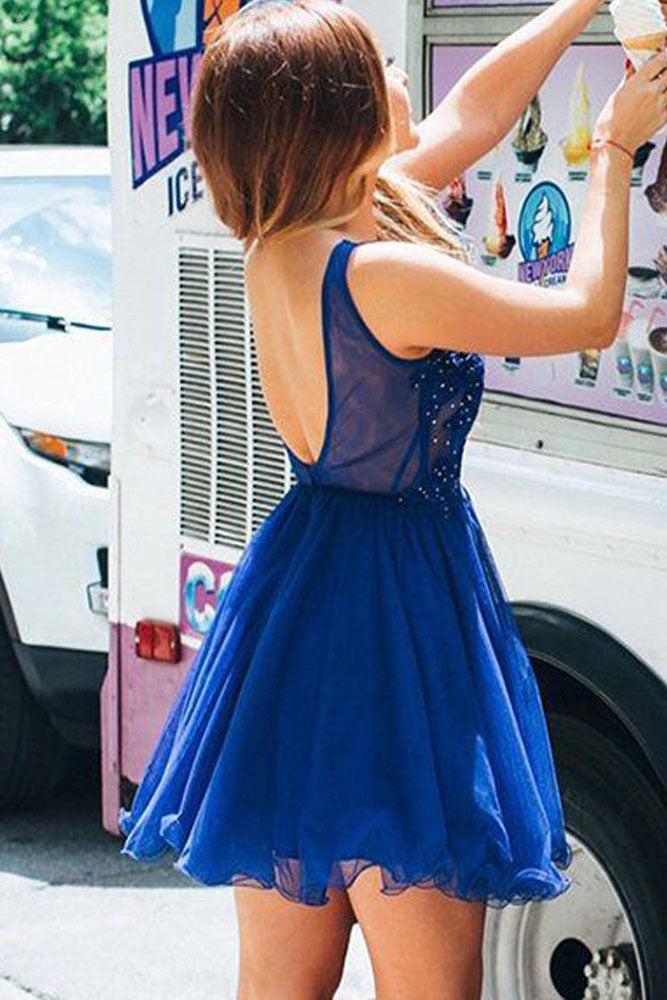 A Line V Neck Tulle Beaded Royal Blue Short Homecoming Dress OKM71