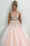 Charming A-Line V-Neck Floor-Length Pink Tulle Prom Dresses with Appliques Beading PW533