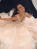 Charming A-Line V-Neck Floor-Length Pink Tulle Prom Dresses with Appliques Beading PW533