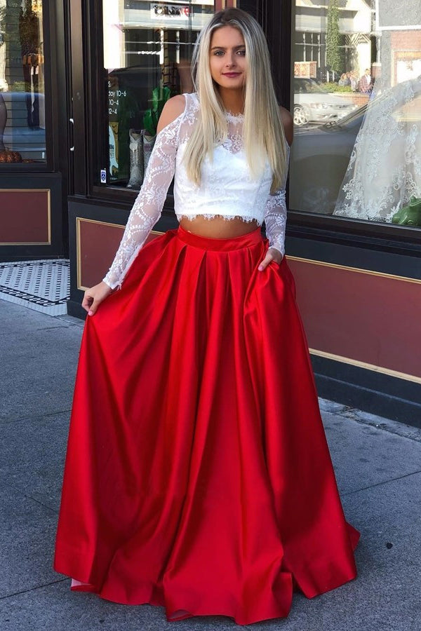 Two Piece Long Sleeves Cold Shoulder Red Long Prom Dresses with White Lace Pockets OKI73