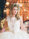 Elegant Off White Lace Appliques A-line Chapel Train Wedding Dress with Sash OKB05