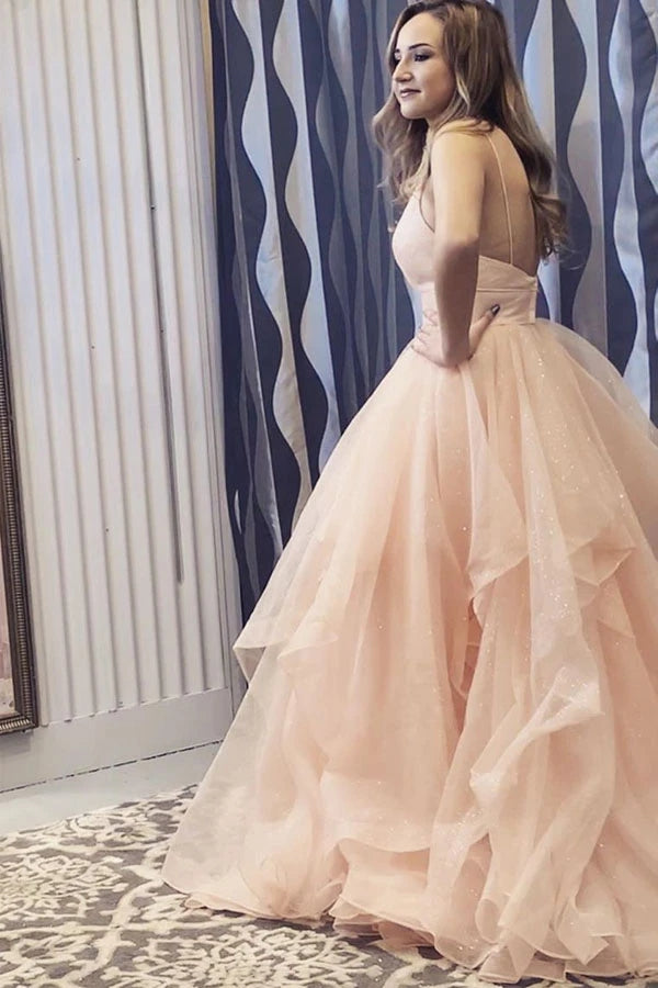 Elegant Spaghetti Straps A-line Long Prom/Formal Dress with Ruffles OKT98