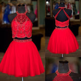 Halter Two Pieces Beaded Royal Blue A-line Tulle Mini Short Homecoming Dress OKC14
