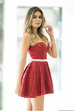Sexy A-Line Illusion Red Lace Mini Homecoming Dresses with Beading OKA99