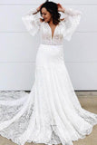 Elegant A-line Lace Long Sleeves V Neck Wedding Dress OKT57