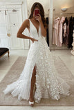 Ivory Floral Lace Plunging Sleeveless High Slit A-line Wedding Dress OKU88
