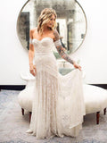 Ivory Lace Sheath Sweetheart Neck Boho Beach Wedding Dress OKF80