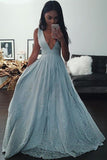 Fashion Prom Dresses,Light Blue Prom Gown,V Neck Prom Dress,Appliques Prom Dress