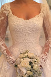 Long Sleeves Scoop Off White Lace A Line Elegant Wedding Dress OKG93
