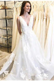 Unique A-Line Deep V-Neck Backless Long Wedding Dress with Appliques OKB61