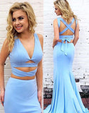 Sexy Mermaid Two-Piece V-Neck Blue Long Prom Dress OK125
