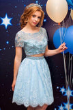 Light Blue Two Pieces A Line Lace Short Sleeves Short Prom Dresses With Beads OKB77