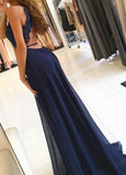 Navy Blue A Line Split Long Chiffon Open Back Prom Dress OK975