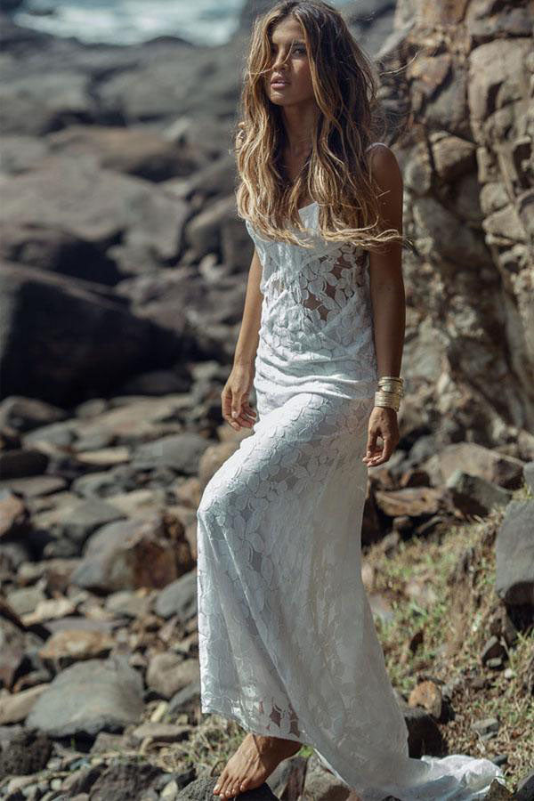 Summer Long Sheath Spaghetti Straps Lace Backless Beach Wedding Dress OK532
