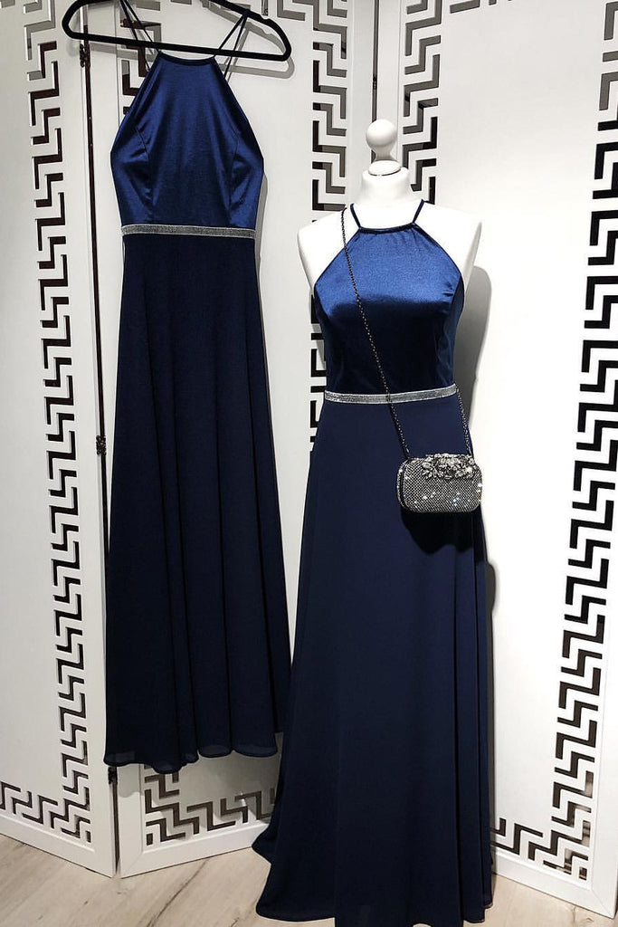 A Line Navy Blue Chiffon Long Prom Dress,Cheap Party Dresses OKI81