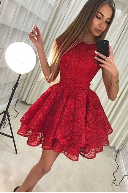 Cute Red Lace A Line Short Homecoming Dress,Cocktail Dress OKB11