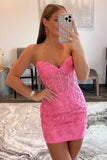 Hot Pink Appliques Strapless Lace-Up Bodycon Mini Homecoming Dress OK1632