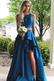 Two Pieces A-line Blue Sleeveless Slit Long Prom Dresses,Woman Evening Dress OK690