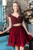 Two Pieces Burgundy Beaded Lace Homecoming Dress,Short Prom Dresses,2 Pieces Party Dresses OK510