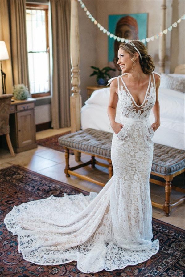 Lace Wedding Dress,White Wedding Dresses,V-Neck Wedding Dresses,Mermaid Wedding   Dresses,Backless Wedding Gown,Long Bridal Gowns