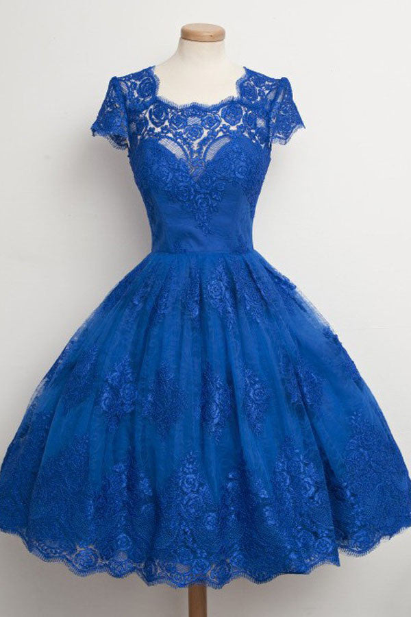 Vintage Homecoming Dresses,Scalloped-Edge Homecoming Dresses,Short Homecoming Dresses,Short Prom Dresses,Cap Sleeves Prom Dresses,Cocktail Party Dresses,Short Party Dress,Blue Prom Dresses