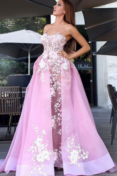 Sweetheart Prom Dresses,Pink Prom Gown,Appliques Prom Dress,Sweep Train Prom Dresses