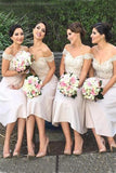 Modern Ivory Off the Shoulder A-line Tea-length Appliques Bridesmaid Dresses OK765