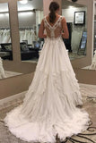 Cheap A-Line V-Neck Chiffon Ivory Wedding Dresses with Lace OKF93
