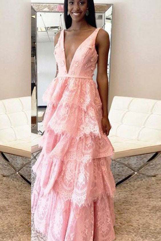 A-Line Prom Dress,Deep V-Neck Prom Dresses,Backless Prom Dresses,Pink Prom Dress,Lace Prom Gowns,Layers Prom Dress
