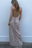 Sexy A-Line Spaghetti Straps Criss-Cross Pearl Pink Lace Prom Dresses With Slit OK912