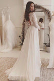 Off White Chiffon Long Sleeves Wedding Dresses,Simple A Line V Neck Lace Prom Dress OK868