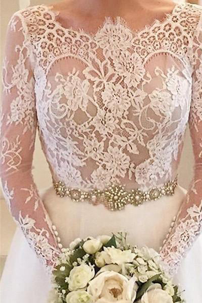 White A-line Long Sleeves Beading Lace Backless Court Train Wedding Dress OK524