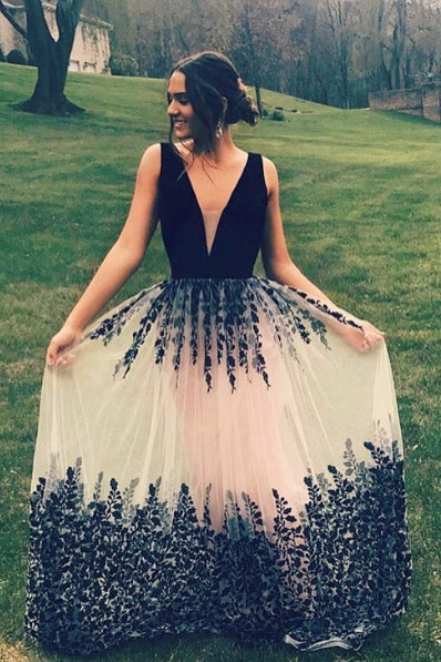Charming V-Neck Long A Line Appliques Prom Dress,Black Formal Evening Dress OK670